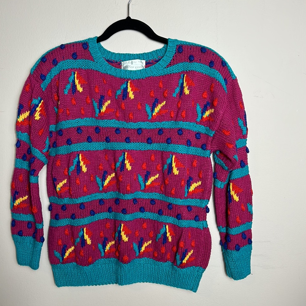 Vintage Jennifer Reed Hand Knit Cotton Chunky Colorful Scoop Neck Sweater size L
